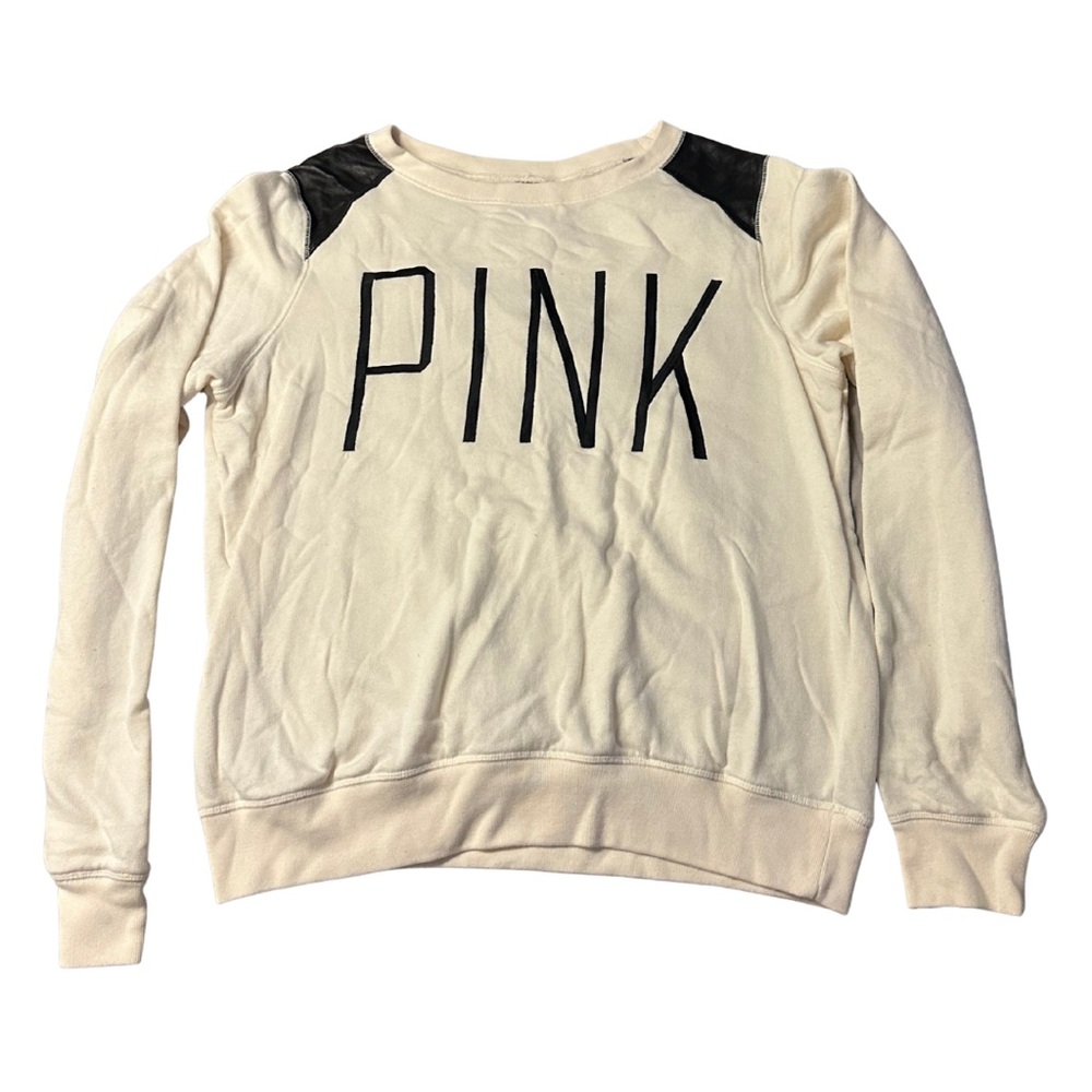VS PINK | Cream Sweatshirt with Faux Leather Shoulders | Y2K 2010s Retro